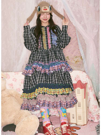 Colorful Lace Plaid Patchwork Black Dress【s0000014823】