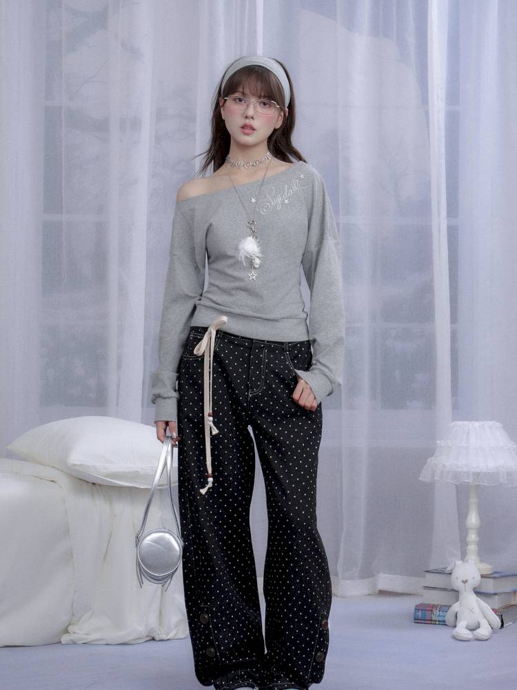 Gray slanted shoulder T-shirt【s0000014371】