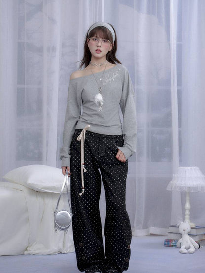 Gray slanted shoulder T-shirt【s0000014371】