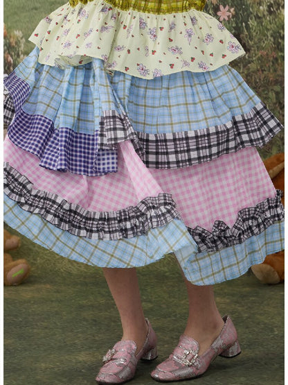 Plaid Print Cotton Lace Midi Skirt【s0000017119】