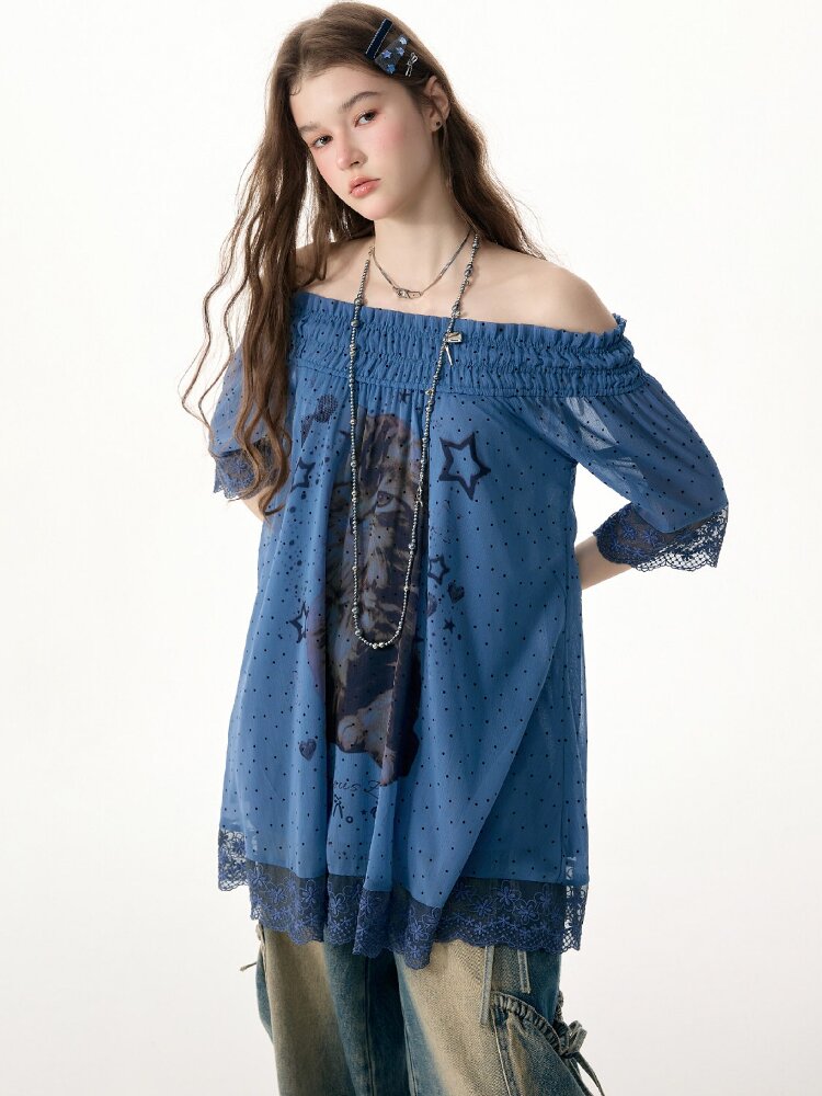 Lace Patchwork Dot Cat Print T-Shirt【s0000017306】