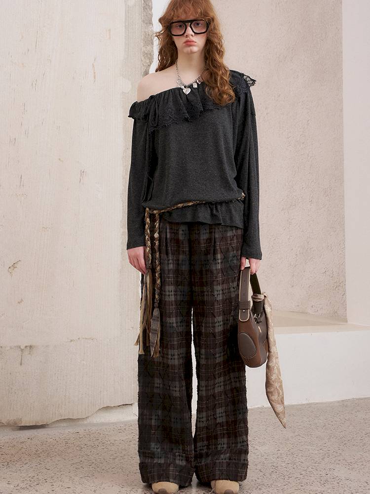 Textured straight leg loose plaid trousers【s0000014384】