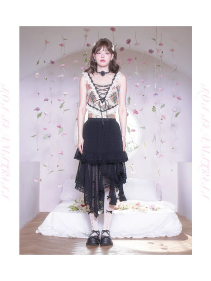 Polka Dot Irregular Hem Lace Ruffle Half Skirt【s0000007872】