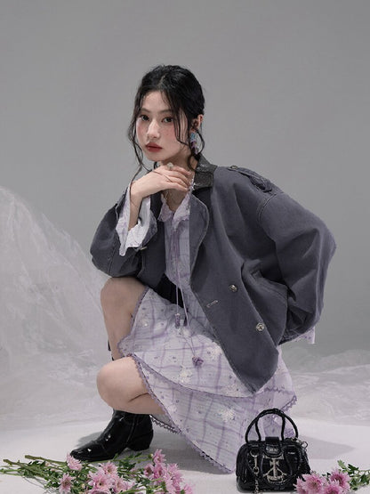 Ink Gray Leather Washed Denim Jacket【s0000015741】