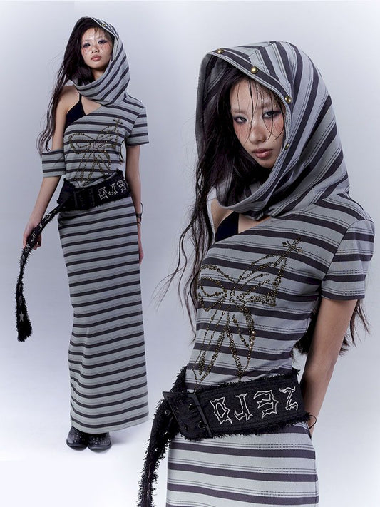 Striped long wasteland punk slim-fit dress【s0000012837】