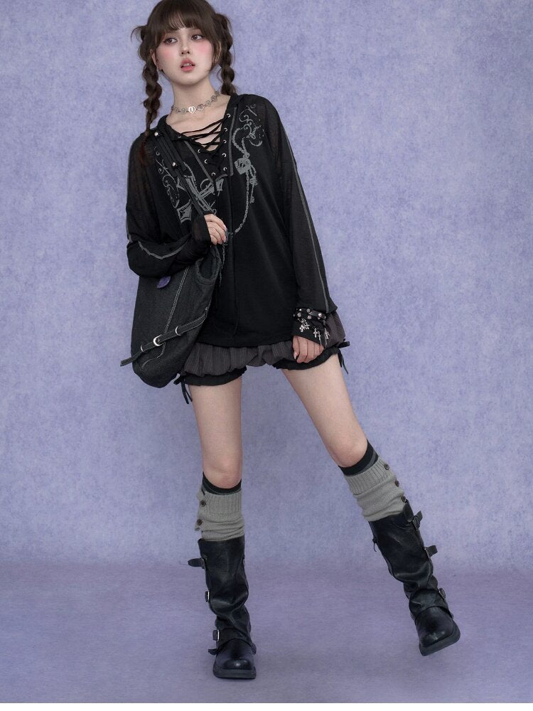 Dark Cross Print Strap Cardigan Hood【s0000017284】