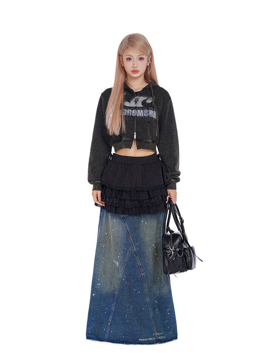 Washed splash ink flinging point spray denim bustier skirt【s0000008604】