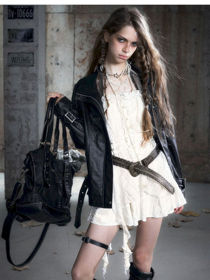 Loose black myriad leather jacket【s0000013885】