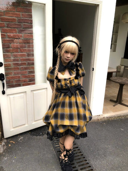 Plaid Puff Sleeve Lantern Dress【s0000016892】