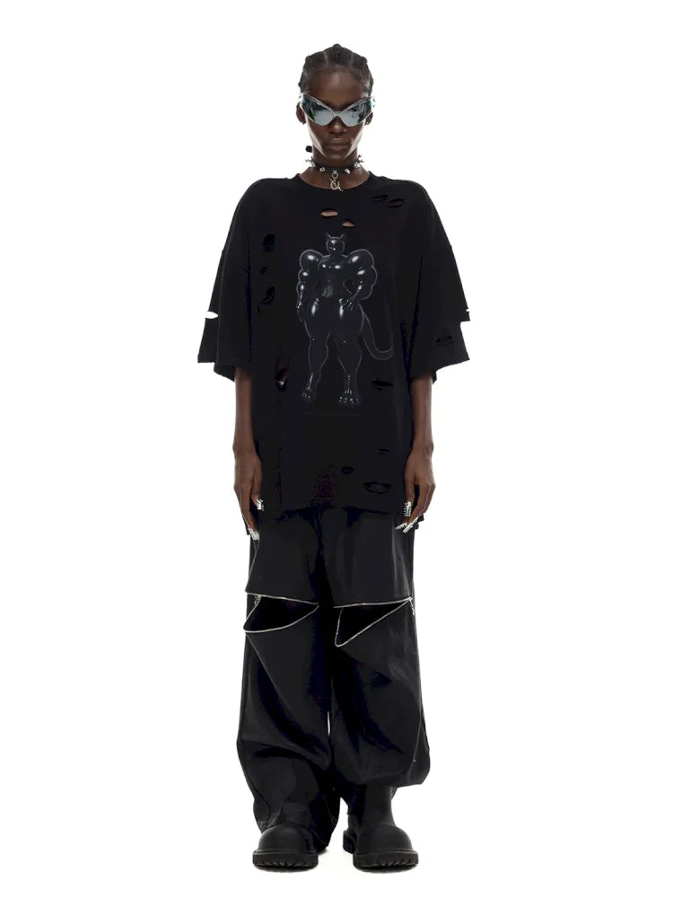 Cat Print Distressed T-Shirt with Drawstring Waist【s0000014018】