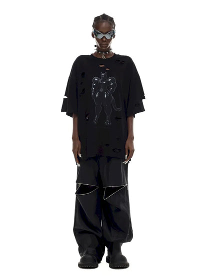 Cat Print Distressed T-Shirt with Drawstring Waist【s0000014018】