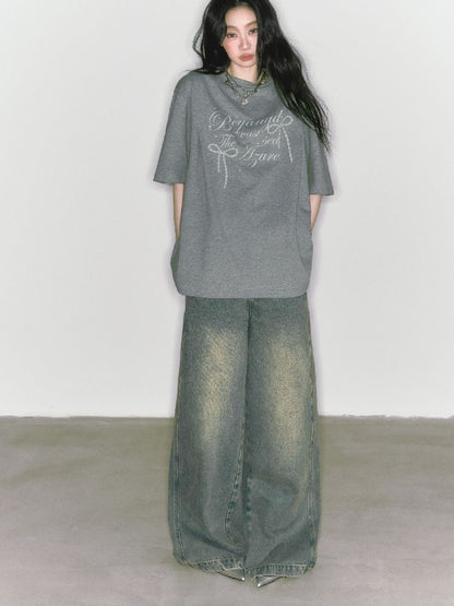 Wide-leg broken holes micro-laundry jeans【s0000012140】