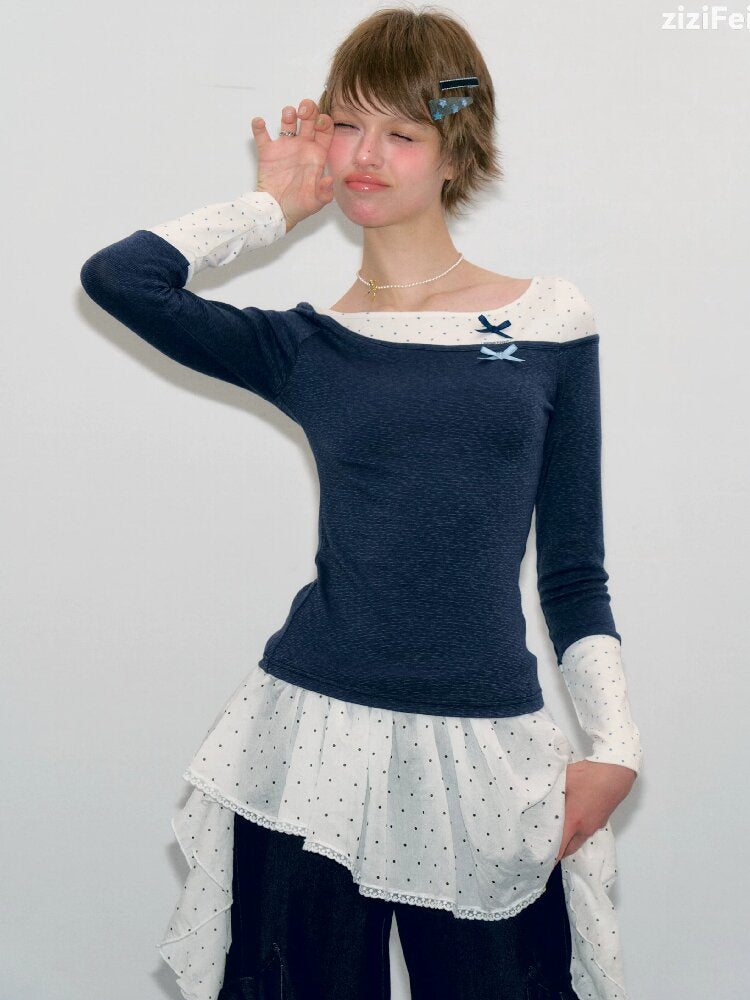 Polka Dot Patchwork Knit Top【s0000017892】