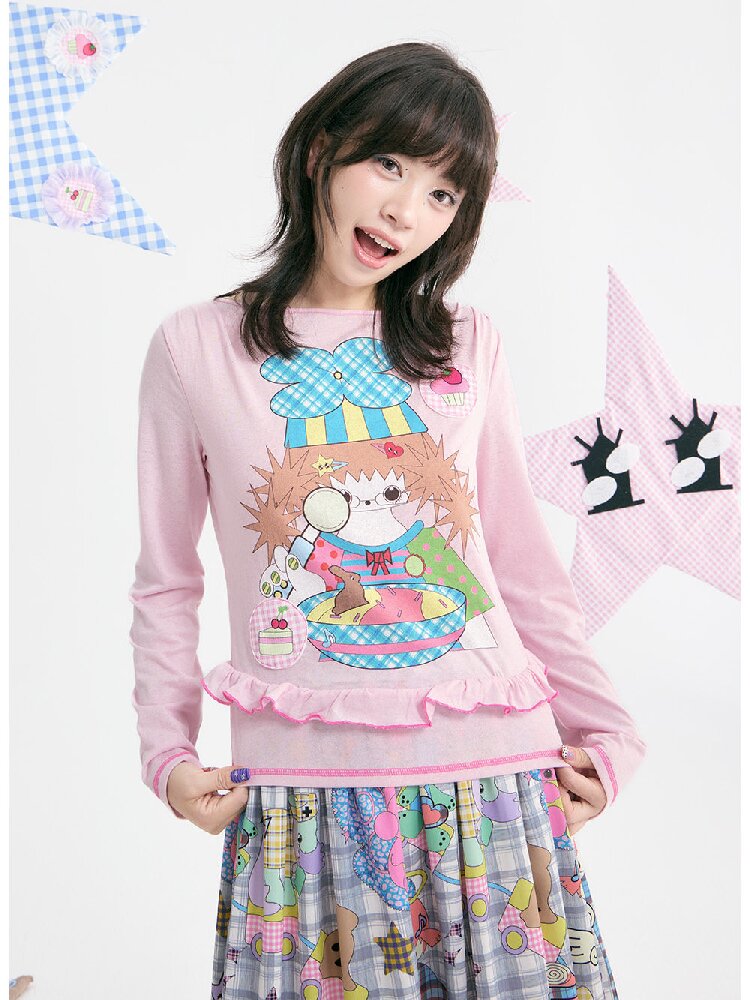 Pink Illustration Lace Long Sleeve T-Shirt【s0000018373】