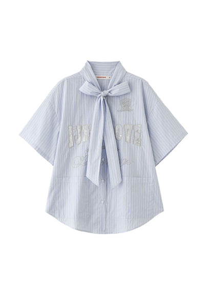 Bow Tie Ballgown Striped Short Sleeve Shirt【s0000009707】