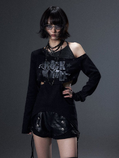 Punk Striped Halter Long-Sleeve T【s0000018003】