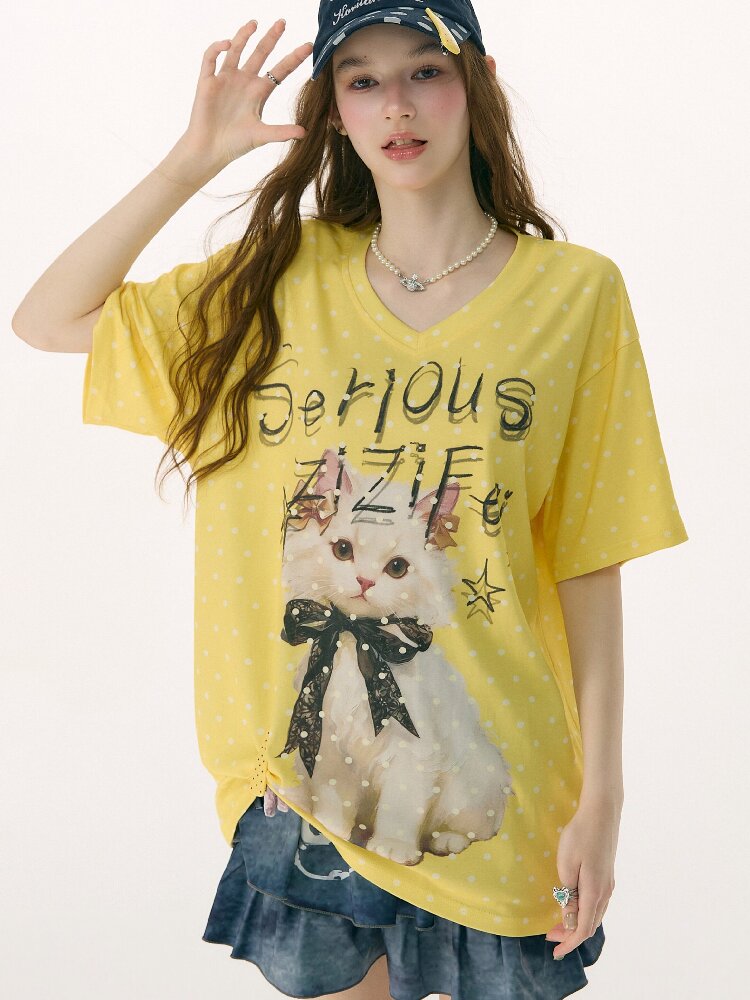 Loose Polka Dot Cat Print T-Shirt【s0000016857】