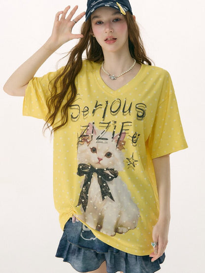 Loose Polka Dot Cat Print T-Shirt【s0000016857】