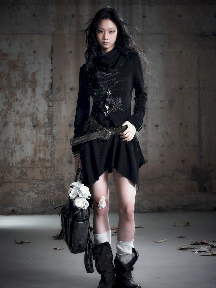 Asymmetric Collar Long-Sleeve Dress【s0000013960】