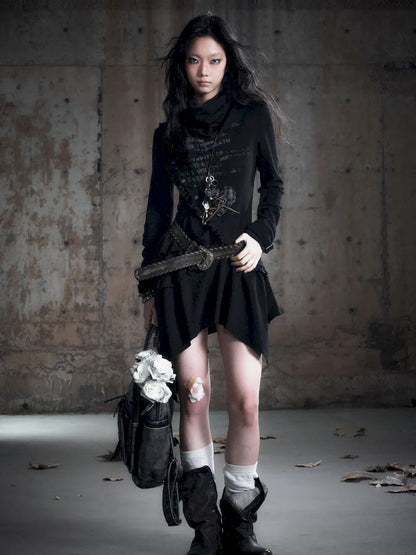 Asymmetric Collar Long-Sleeve Dress【s0000013960】