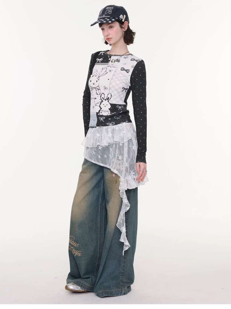 Cat Printed Straight Wide Jeans【s0000015431】