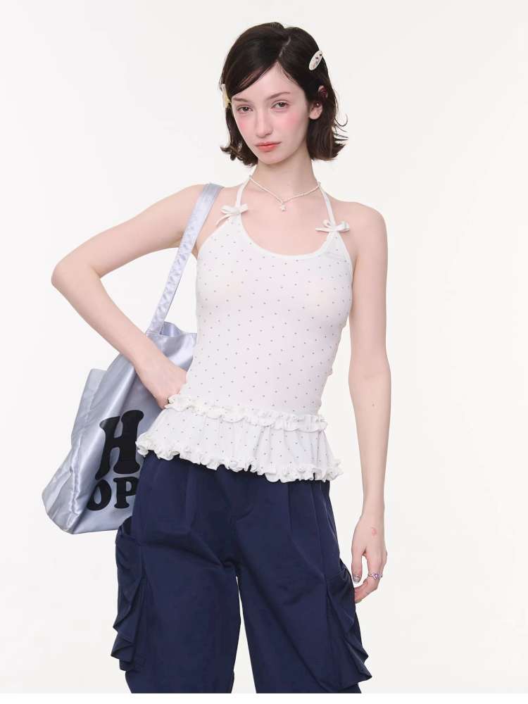 Lace Bow Polka Dot Halter Vest【s0000015432】