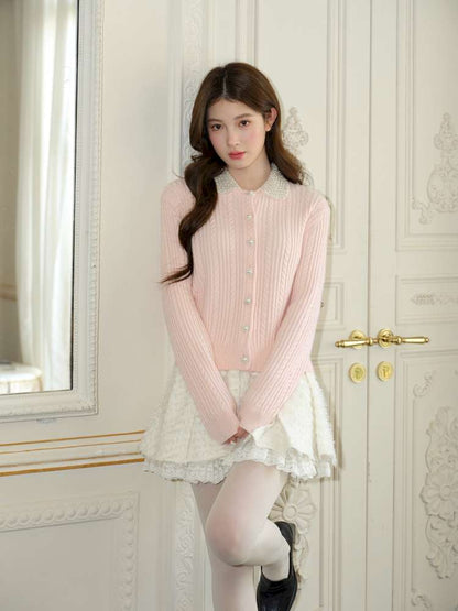 Pink Crochet Diamond Knit Cardigan【s0000015050】