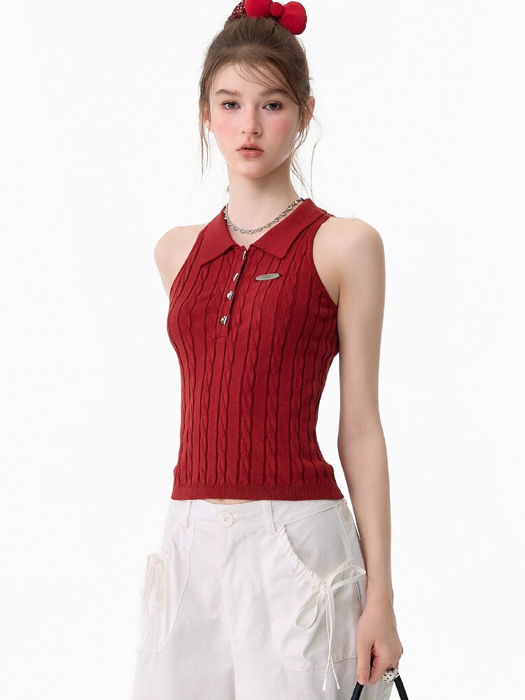 Sleeveless Polo Knit Tank Top【s0000017681】