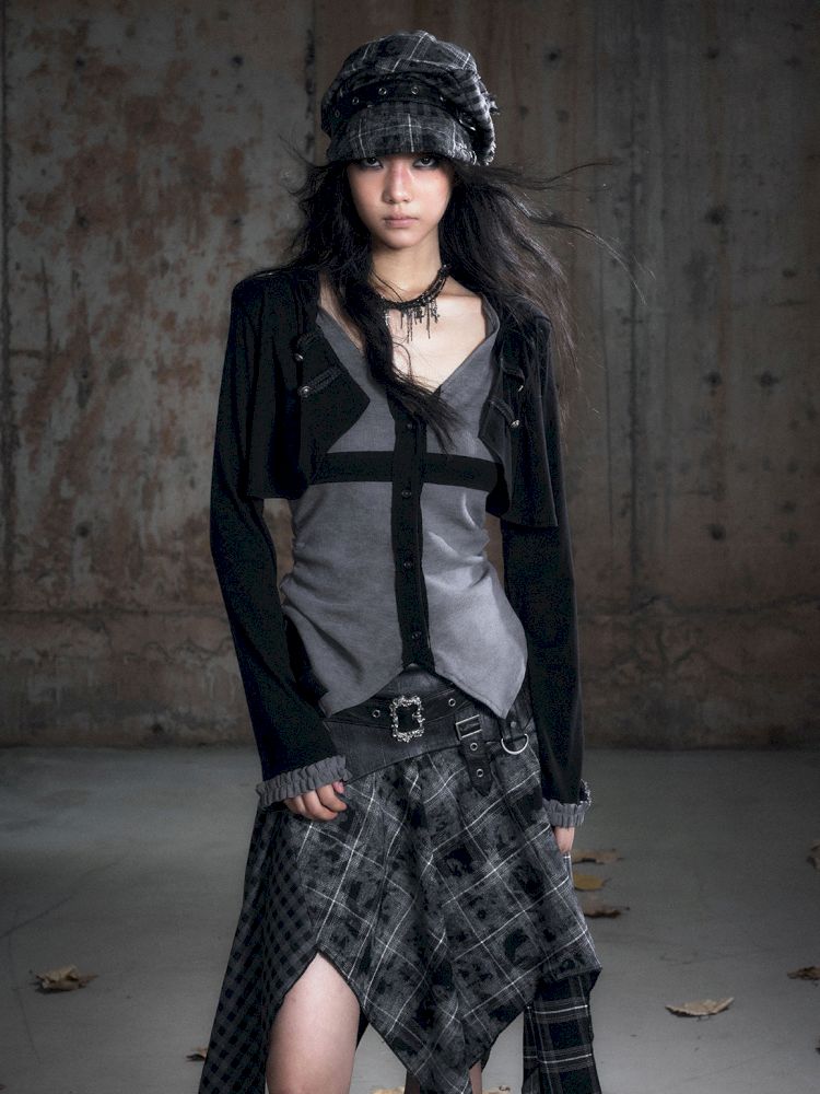 Hooded False Two Black Gray Knit Cardigan【s0000013890】