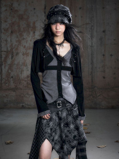 Hooded False Two Black Gray Knit Cardigan【s0000013890】