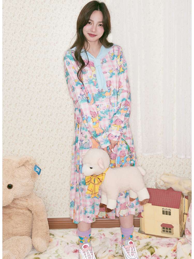 Pink Bear Illustration Print Dress【s0000014496】