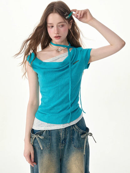 Blue Ripples Patchwork Short T Shirt【s0000017268】
