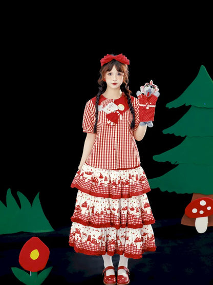 Multi-Layer Printed Red Checkered Cake Skirt【s0000013937】