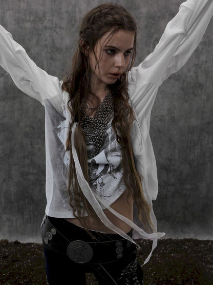 Ribbon Design Crew Neck Long Sleeve T-Shirt【s0000013905】