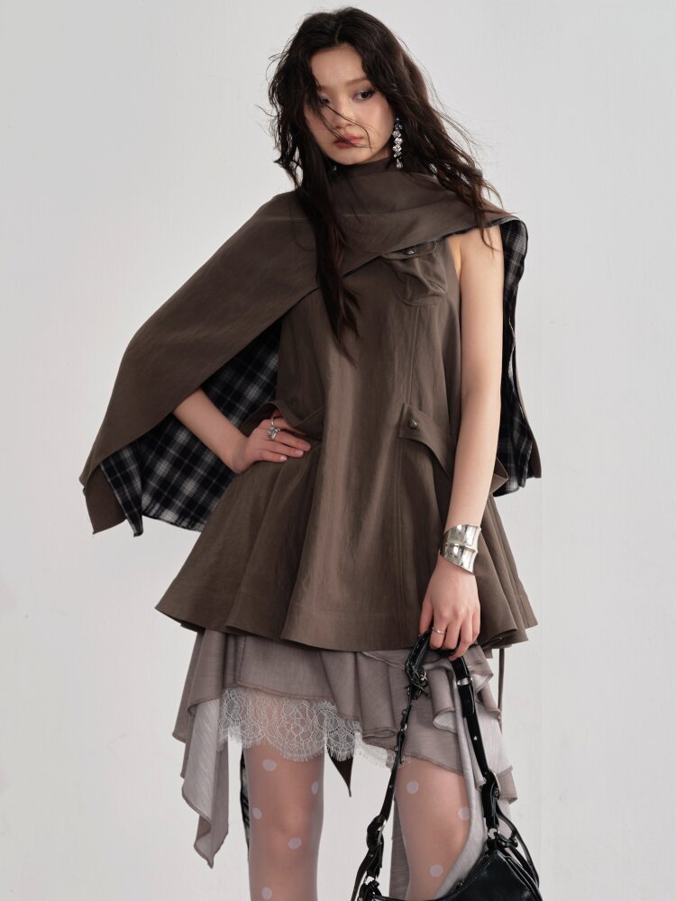 Earth Color Detachable Cape Sundress【s0000015692】