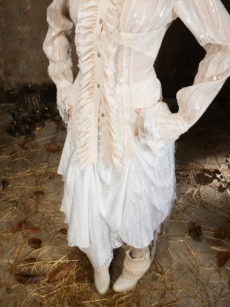 Lace Sequin Patchwork Court Shirt【s0000018382】