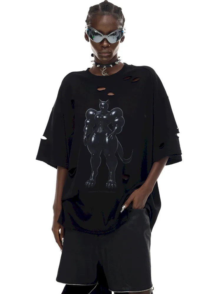 Cat Print Distressed T-Shirt with Drawstring Waist【s0000014018】