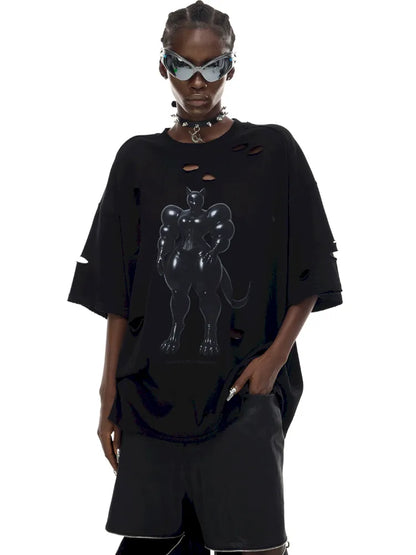 Cat Print Distressed T-Shirt with Drawstring Waist【s0000014018】