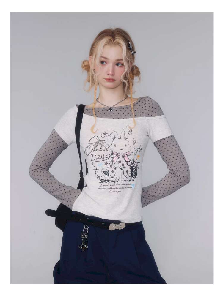 Rabbit Print Polka Dot Top【s0000015437】