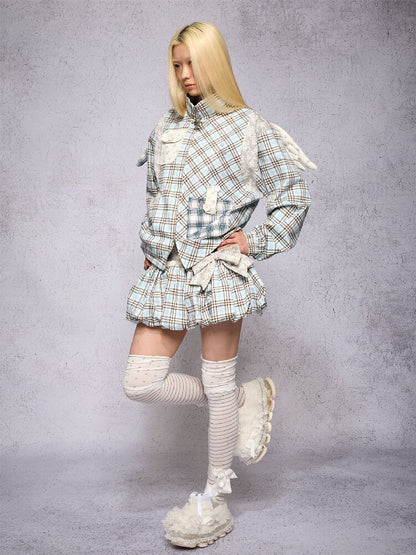 Plaid Floral Patchwork Pumpkin Skirt【s0000019132】