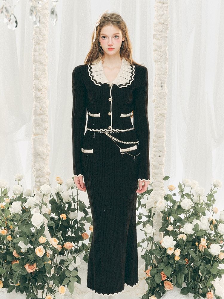 Knit Cardigan Wrap Hip Skirt Two Piece Chambray Set【s0000005286】