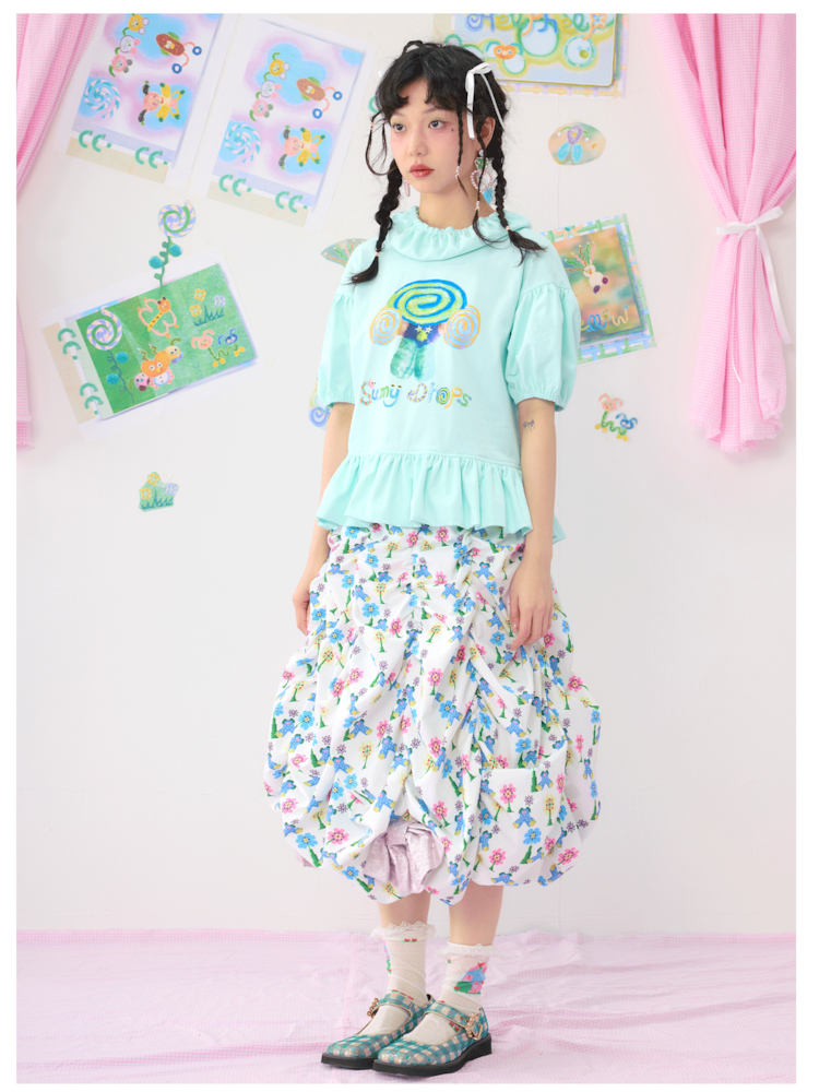 Bubble Sleeve Short Colourful Printed T-Shirt【s0000009542】