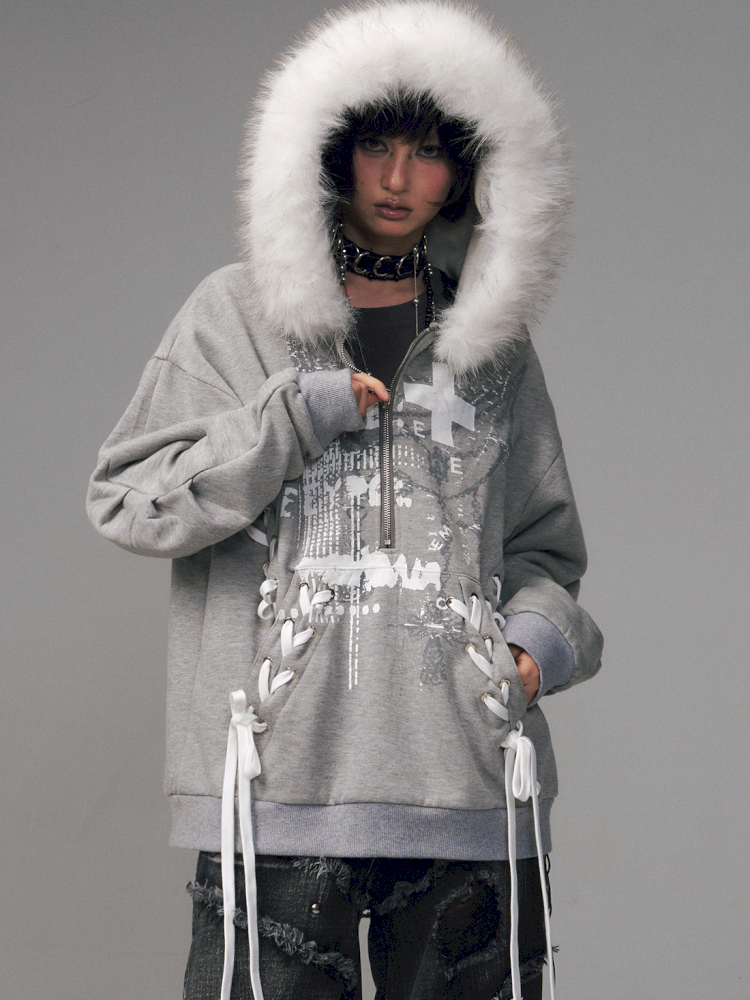 Tie-Front Printed Half-Zip Hoodie【s0000014452】