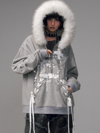 Tie-Front Printed Half-Zip Hoodie【s0000014452】