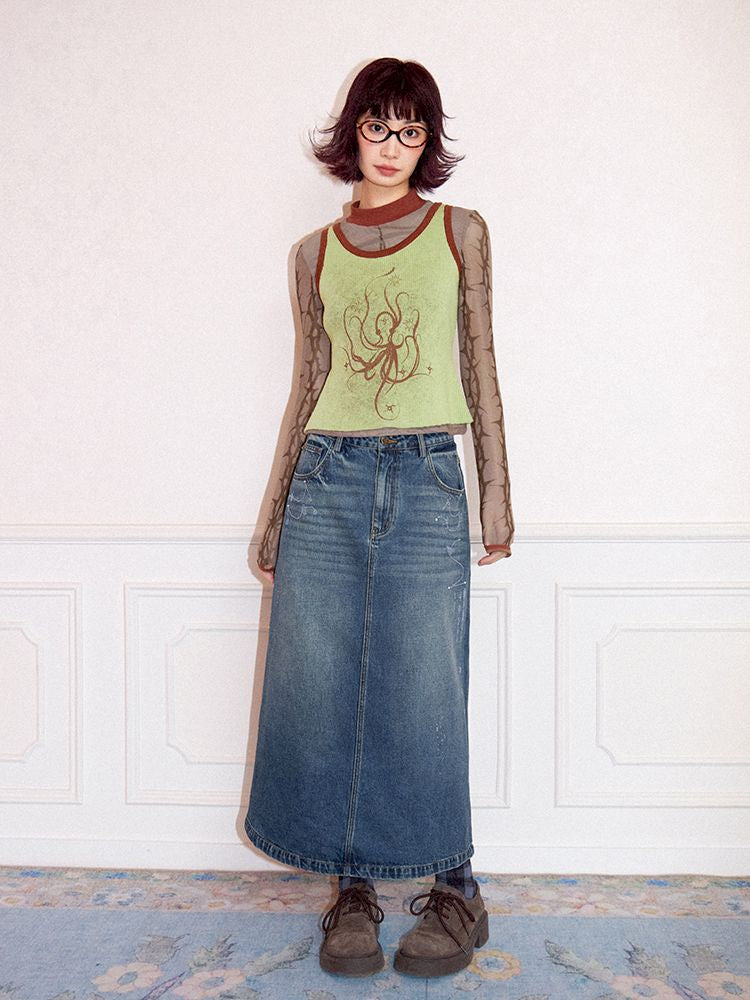 Low- Waisted Denim Mid-Length Half Skirt【s0000011643】