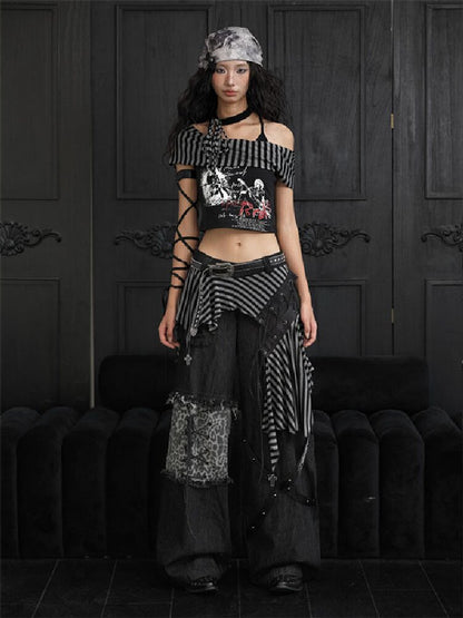Striped Patchwork Wide Leg Jeans【s0000018182】