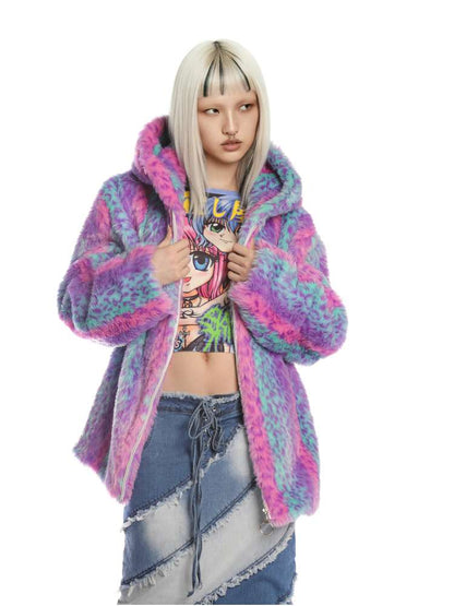 Colorful Leopard Print Plush Fur Hooded Jacket【s0000014908】