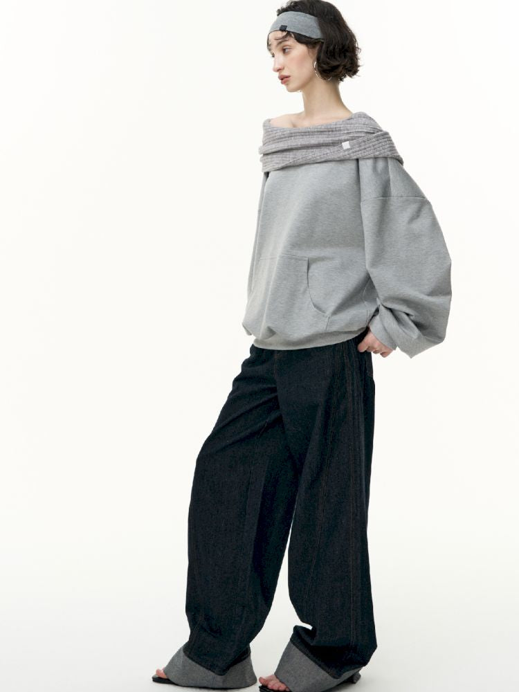 Ramped shoulder one-line collar loose pullover【s0000013735】