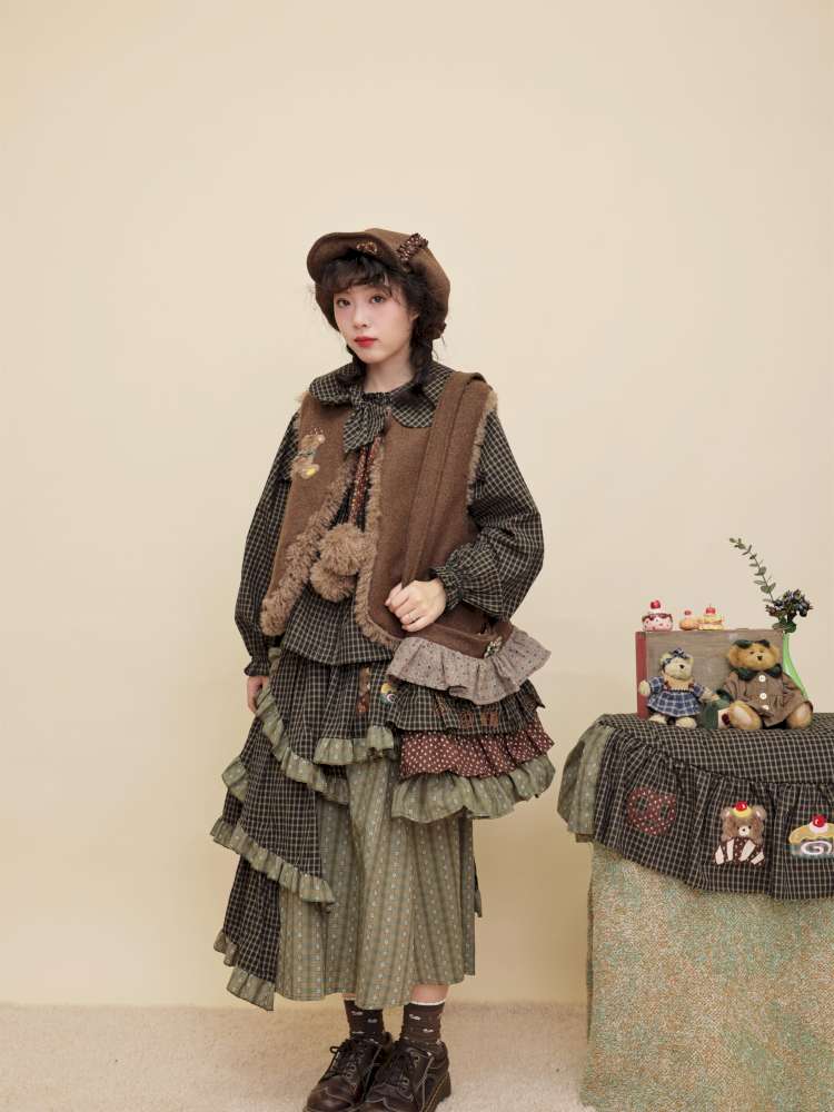 Vintage Girl Wool Plush Chef Bear Vest【s0000014845】