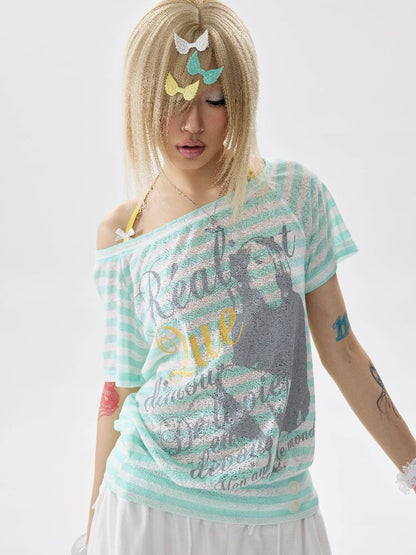Single Shoulder Striped Halter T Shirt【s0000017640】